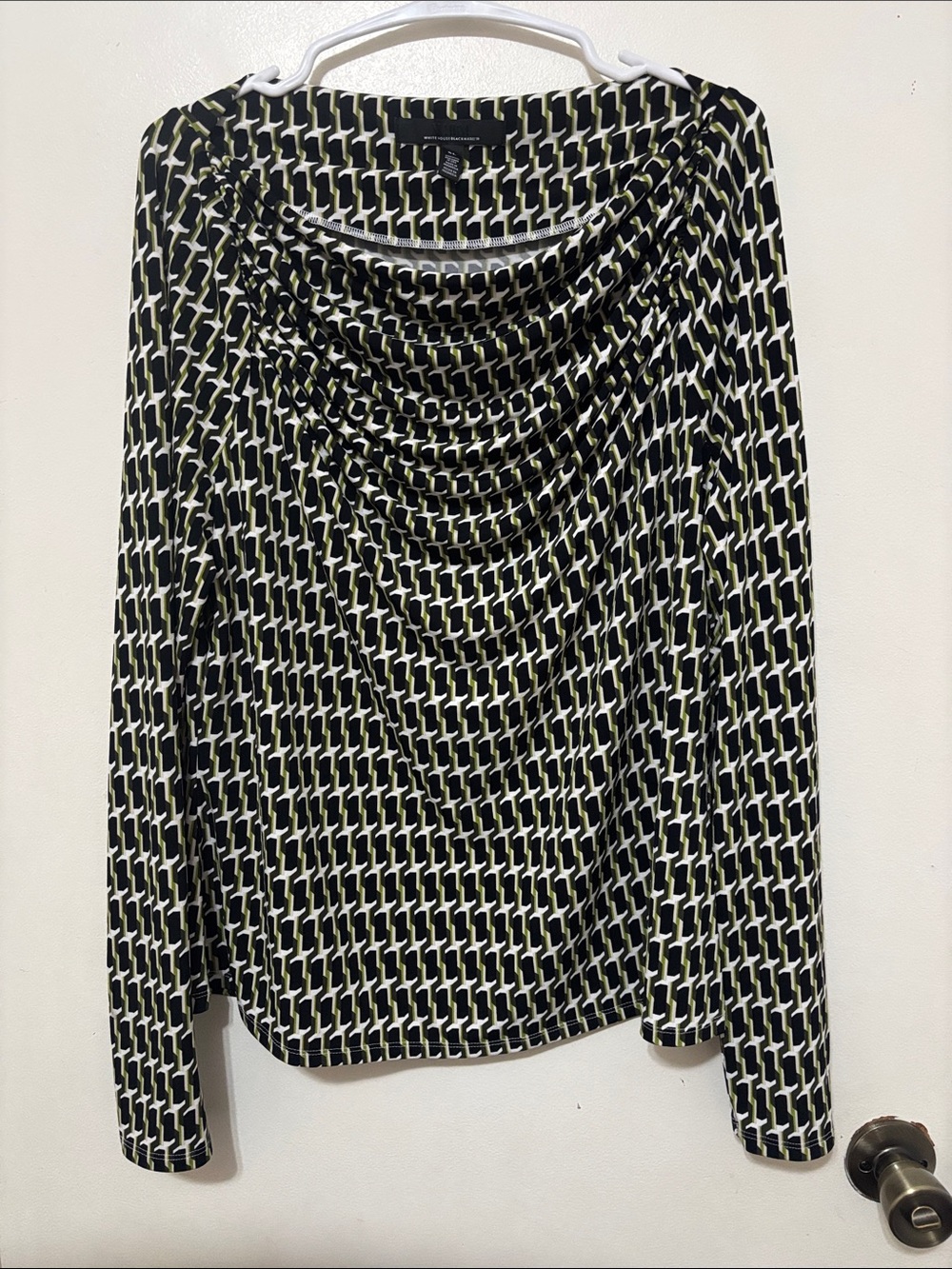 White House Black Market: Black, White & Olive Geometric Cowl Neck Blouse